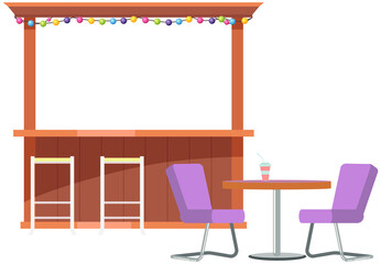 Wooden outdoor bar, street cafe with table and chairs. Bar counters for outdoor usage with seating