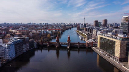 Beautiful Oberbaum Bridge over River Spree in Berlin from above - aerial view - urban photography