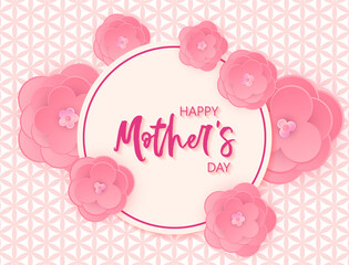 Happy Mothers Day card banner with beautiful pink flowers.