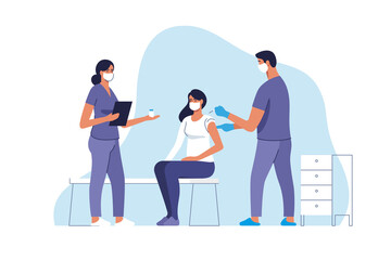 Coronavirus vaccination. Woman getting vaccinated against Covid-19 in hospital. Doctor giving Corona virus vaccine injection injecting patient. Vector illustration.