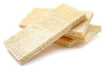 Several crisp waffles are isolated on a white background.