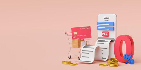 Shopping online using credit card with 0% interest installment payments on smartphone, 3d illustration