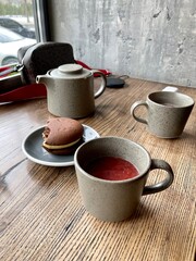 fruit tea with dessert by the window