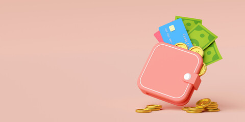 MInimal wallet with credit card, banknote and dollar coin, 3d illustration