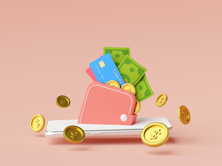 Money wallet on mobile application, money payment and transfer online, 3d illustration