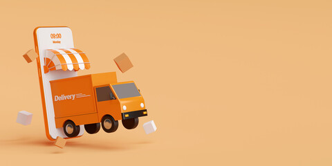 E-commerce concept, Delivery service on mobile application, Transportation delivery by truck, 3d rendering