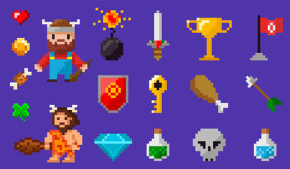 Signs and symbols of items collected during game, pixel-game characters against violet background