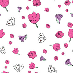 Vector white background white pink purple color tulips, floral seamless pattern. Seamless pattern background