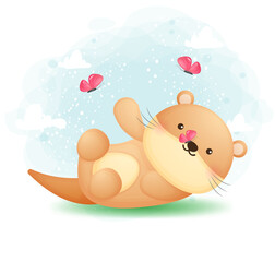 Cute doodle otter playing with butterfly cartoon character Premium Vector