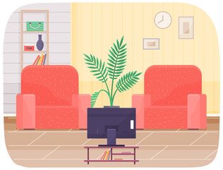Living room interior design with two red armchairs, television set on stand and potted plant
