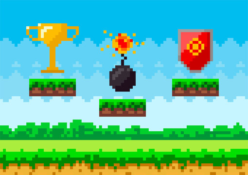 Pixel art game background with reward object in air. Pixel game scene with grass platform and awards