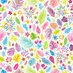 Fototapeta na wymiar Vector seamless background in doodle style with tropical leaves and flowers. Flat style design. Cute floral illustration. 