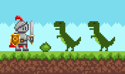 Pixelated natural landscape with warrior holding shield and sword fighting against green dragons