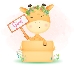 Cute doodle baby giraffe girl in the box. baby shower Premium Vector