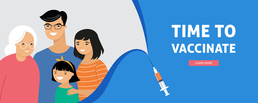 Asian Family Vaccination concept design. Time to vaccinate banner - syringe with vaccine for COVID-19, flu or influenza and a family