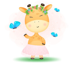 Obraz na płótnie Canvas Cute doodle baby giraffe girl. baby shower Premium Vector