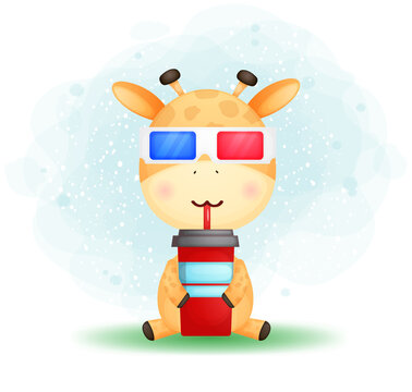 Cute doodle baby giraffe is wearing glasses and drinking for movie Premium Vector