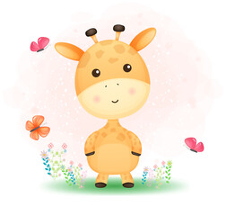 Cute doodle baby giraffe playing with butterfly on the grass Premium Vector