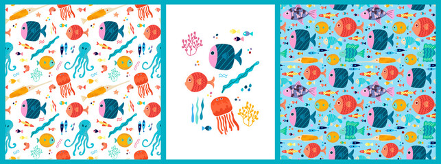 Fototapeta na wymiar A set of seamless vector patterns and posters with colorful tropical sea fish and octopus in the Scandinavian style on a white and colored background. Children's vector illustration for pajamas
