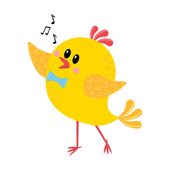 Chicken sings songs isolated on white background, color vector illustration