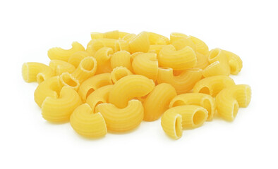 Pile of raw elbow Macaroni (Gomiti Pasta) Isolated on white background, Cut out with clipping path