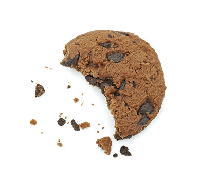 Choco Chip Cookie, Broken Piece With Crumbs, Tasty Sweet Biscuit Chocolate Pastry, Isolated On White Background, Top View