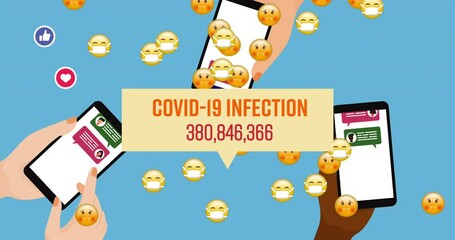 Covid 19 infection with increasing cases and face emojis falling against hands using smartphones