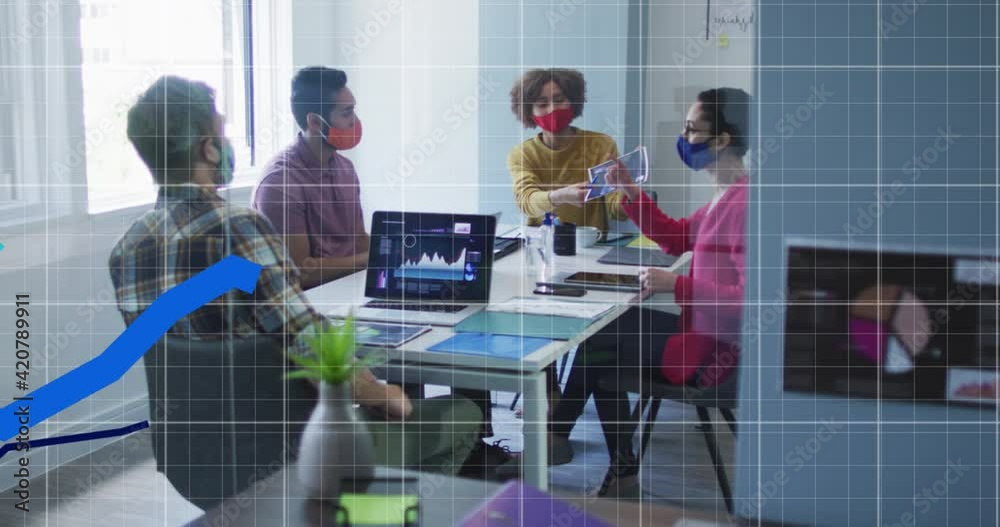 Canvas Prints Animation of statistics recording with blue lines over team of colleagues wearing face masks