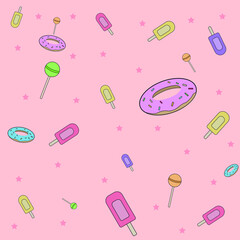 Pink vector background with sweets, doughnuts, lollipops and ice-cream.