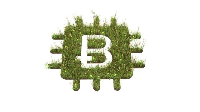 3d rendered grass field of symbol of bitcoin chip isolated on white background