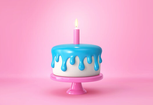 Birthday cake with candle on pink background