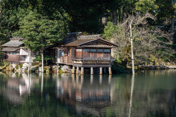 Fototapeta na wymiar Japanese old historic buildings and lakes