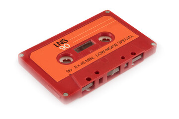 Audio cassette tape isolated old music retro player. Retro music audio cassette 80s.