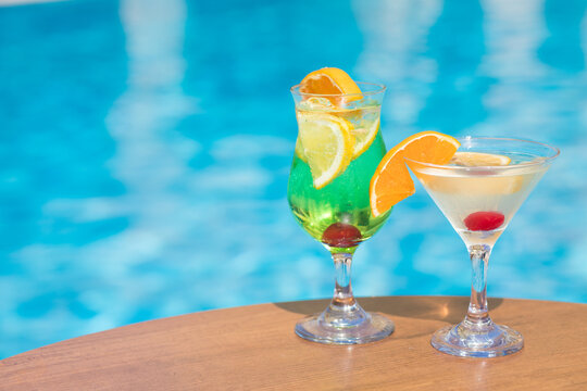 Exotic decorated Cocktails near the swimming pool