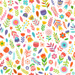 Abstract flower hand drawn vector seamless pattern. Flower cartoon vector cliparts. Garden blossoms texture. Floral retro textile, fabric, wrapping paper design. Wildflower blossom, blooming.