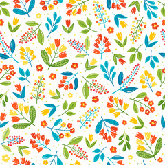 Abstract flower hand drawn vector seamless pattern. Flower cartoon vector cliparts. Garden blossoms texture. Wildflower blossom, blooming. Floral retro textile, fabric, wrapping paper design. 