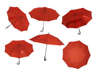 Red umbrellas isolated on white background. 3d rendering illustration.