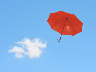A red umbrella is floating in the sky.3d rendering illustration.