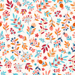 Abstract flower hand drawn vector seamless pattern. Flower cartoon vector cliparts. Garden blossoms texture. Wildflower blossom, blooming. Floral retro textile, fabric, wrapping paper design. 