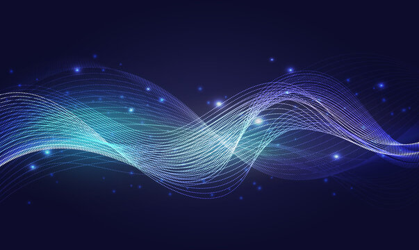 Luminous neon blue waves, abstract light shine effect vector illustration. Magic shining wind with glowing sparkles particles, wavy speed lines energy glow isolated on transparent dark background