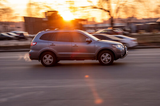 Ukraine, Kyiv - 11 March 2021: Gray Hyundai Santa Fe car moving on the street;