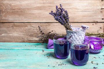 Lavender tonic drink on wooden table