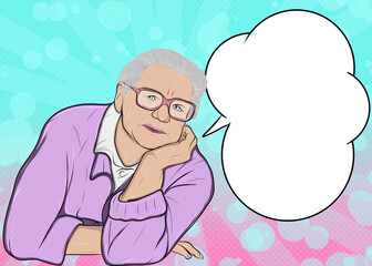 Cartoon granny grandma portrait with speech bubble illustration