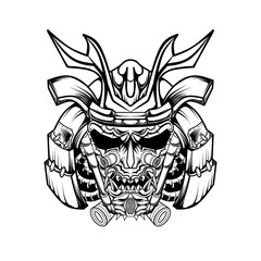 Mecha skull samurai black and white art illustration