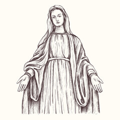 Holy Virgin Mary, Mother of God, Virgin Mary, Madonna, Mother of Jesus Christ, Christianity. Hand Drawn Sketch Illustration.