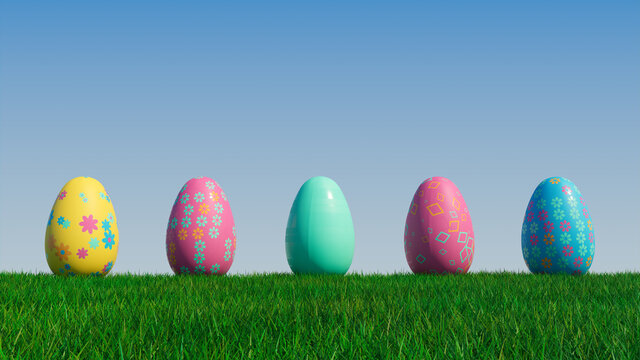 Easter Eggs on a grass lawn, with a clear blue sky. Beautiful Blue, Yellow and Pink Eggs with Diamond and Floral patterns. 3D Render