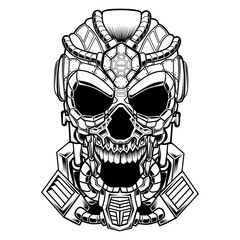 Black and white mecha illustration of a skull artwork