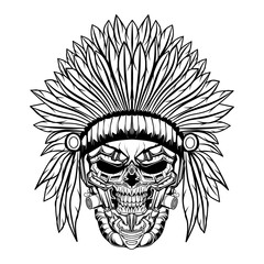 skull indian illustration black on white background