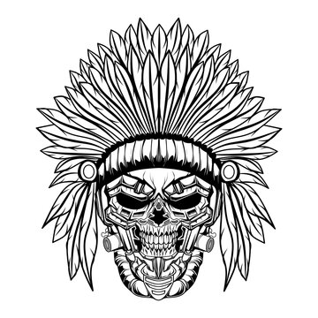 skull indian illustration black on white background