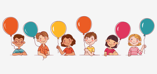 Funny kids with balloons. Vector cute boys and girls collection. Multi-ethnic group of happy children. Different cartoon faces icons